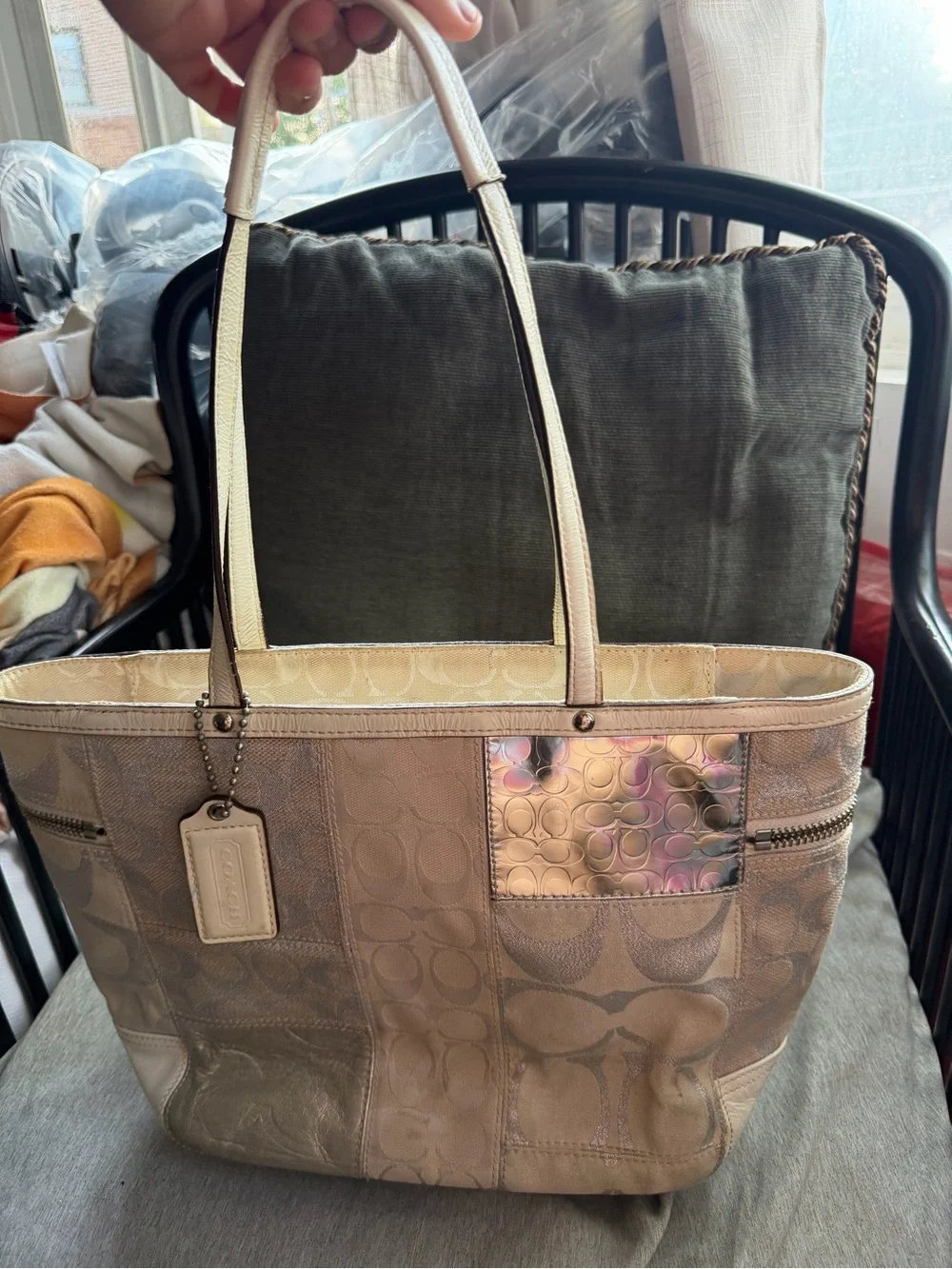 Coach Patchwork Signature Tote in Beige with Iridescent Accent